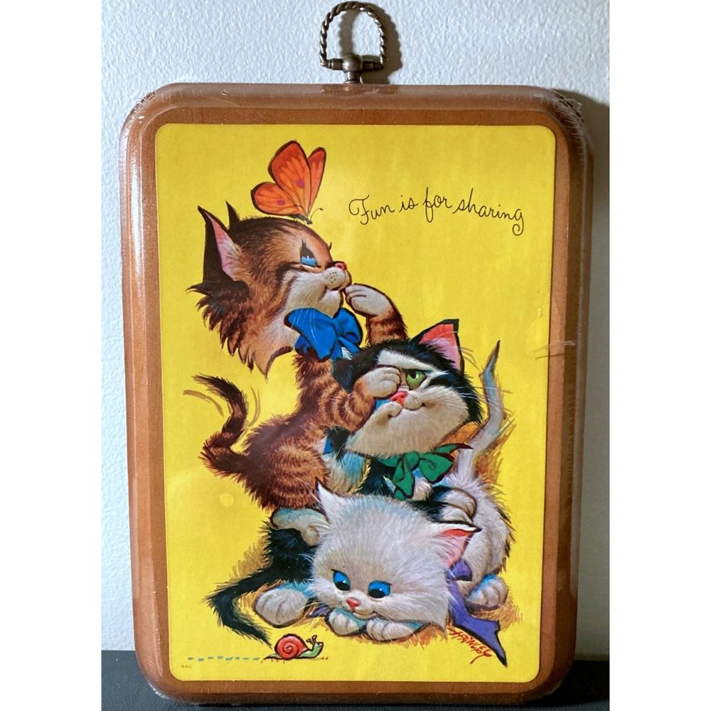 NIP Vintage Pete Hawley Cats Plaque Fun is For Sharing 1973 American Greetings
